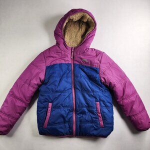 Eddie Bauer Girls Reversible HOOD Jacket M (10/12) Brown Sherpa Magenta Puffer